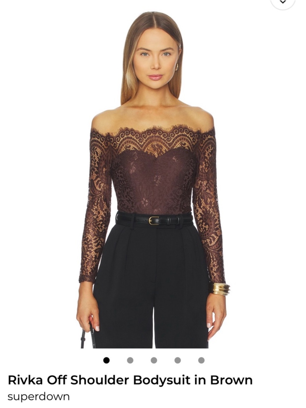 superdown Rivka Off-Shoulder Lace Bodysuit in Brown